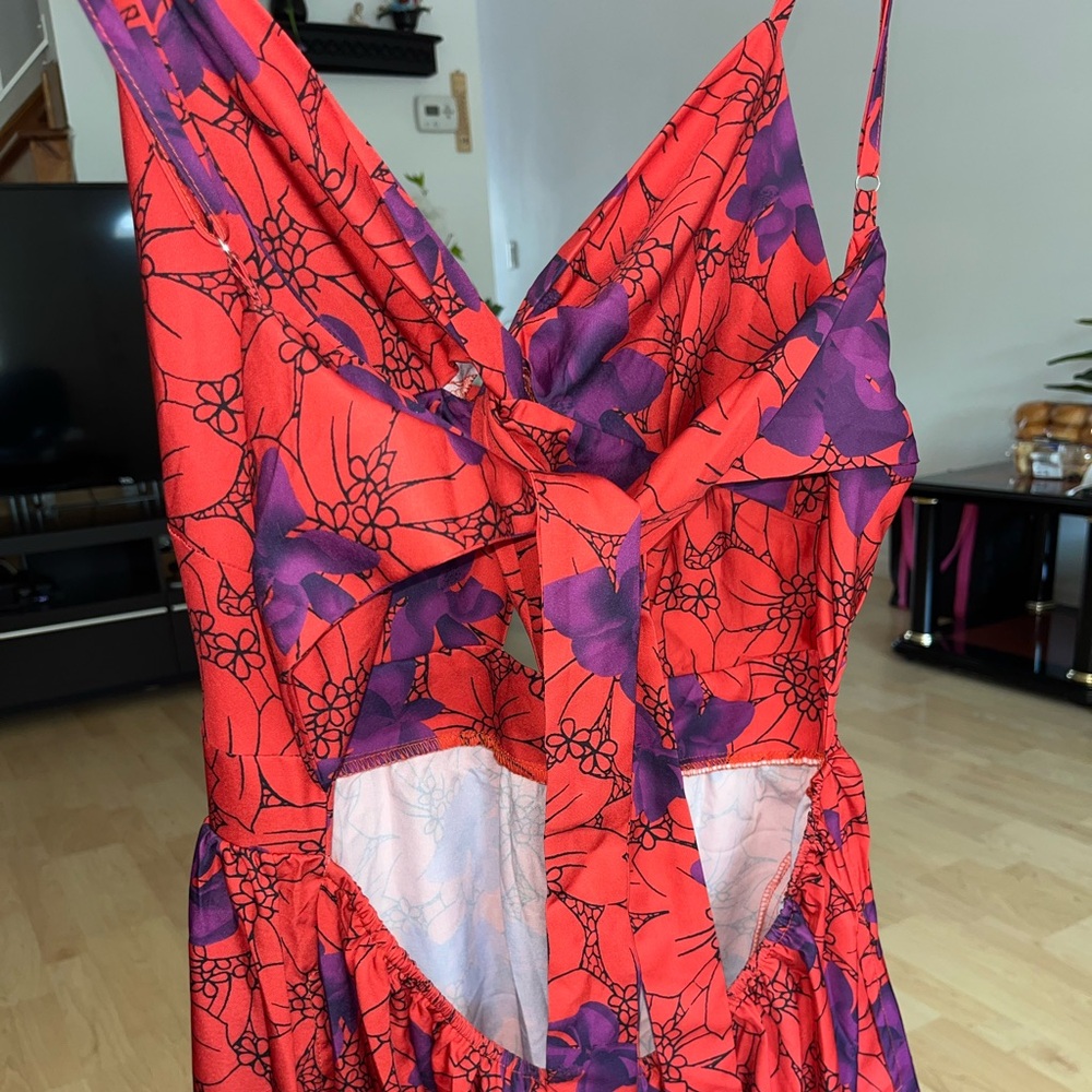 Floral Red and Purple keyhole Tie Back/ Back-less Maxi Dress - Picture 3 of 7